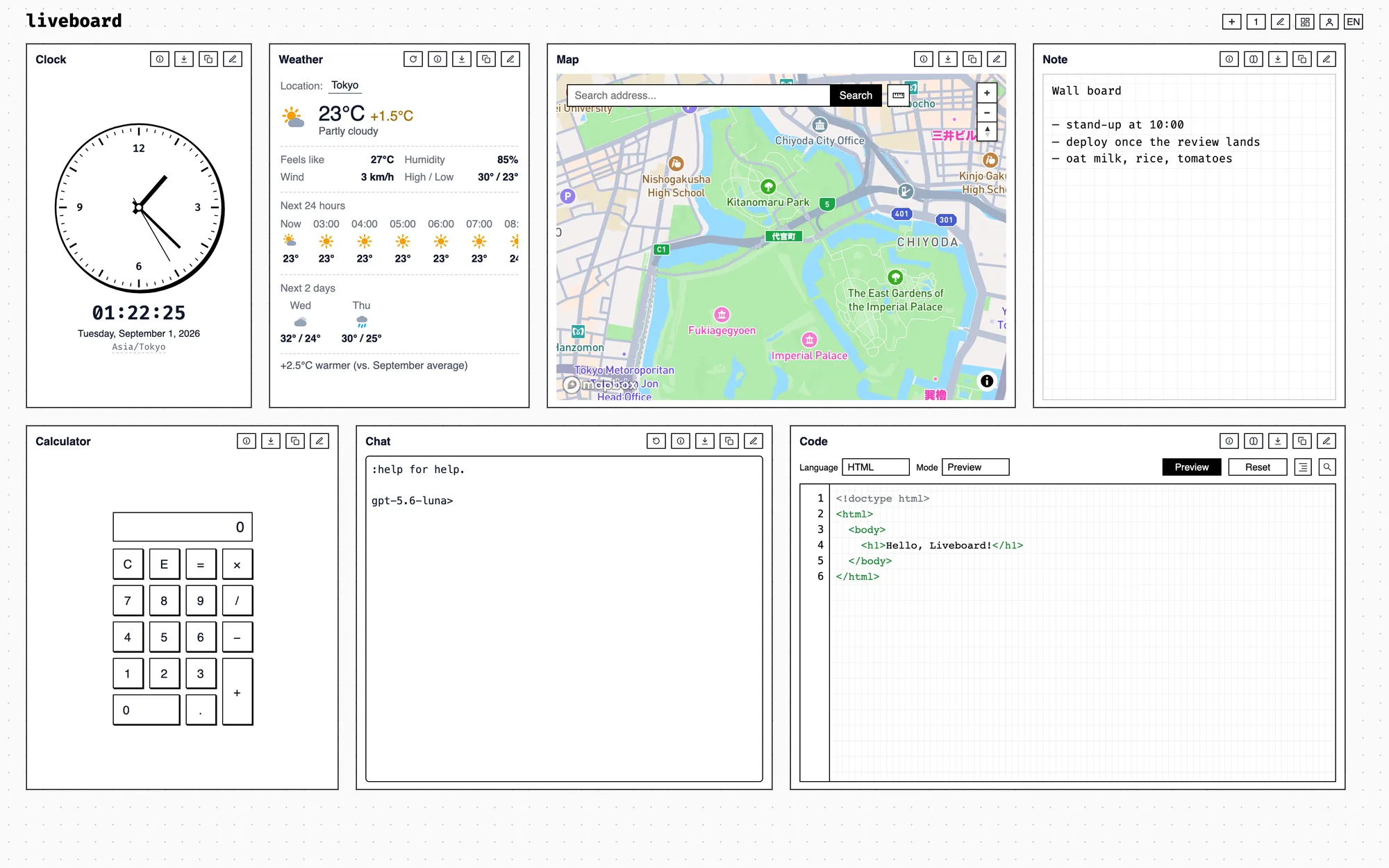 A liveboard filling a screen: clock, weather, map and note above a calculator, a chat and a code card